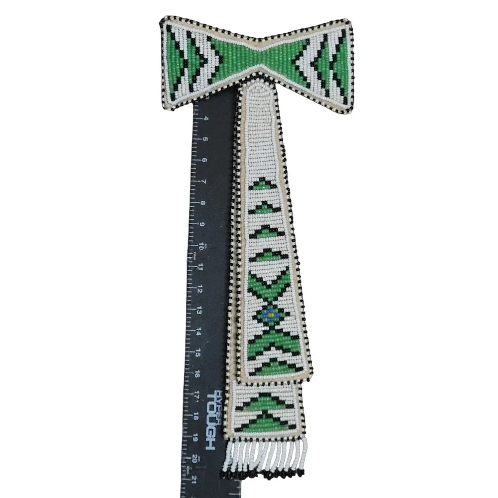 VTG 50s Southwestern Hand Loomed Beaded Bow Neck Tie Childrens‎ Clip On Green